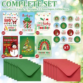 Sereliy 12 Pack Christmas Thank You Cards for Teachers, Christmas Teacher Appreciation Gift Bulk, Teacher Appreciation Greeting Cards with Envelopes and Stickers. (Teacher 12
