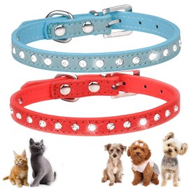 Rhinestone Dog Collar, 2 Pack Bling Dog Collar for Small Dogs XXS XS Dogs with Crystal Diamond for Puppy, Small to Medium Girl and Boy Dogs and Cats (Blue+Red S)