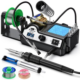 Preciva 927II Digital Soldering Station Kit, 60W High Power with 5 Extra Iron Tips, 2 Helping Hands, Lead-Free Solder, Solder Sucker, Tip Storage Slots, Tip Cleaner, °C/°F Conversion, Auto Sleep