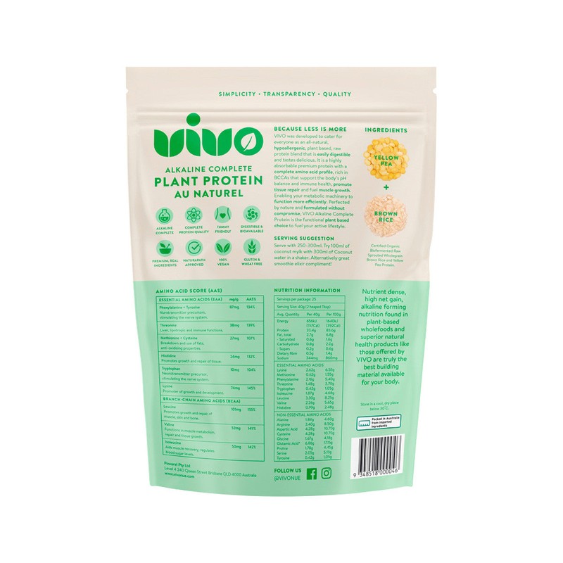 Vivo Organic Alkaline Complete Plant Protein Au Naturel 1kg