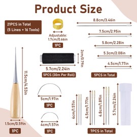 21 Piece Leather Sewing Kit, Leather Thread Waxed Set, Including Leather Sewing Needles, Sewing Awl, Thimble and 5 Rolls of Waxed Leather Thread, Perfect for Carpets, Bags, Shoes and Other Leather