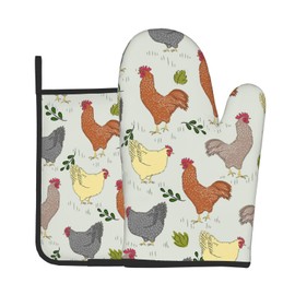 Rooster Pattern Oven Mitts and Pot HoldersSets of 2，Heat Resistant Microwave Gloves Non-Slip Pot Pads Set for Kitchen Cooking Baking Grilling BBQ