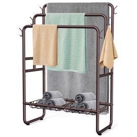 Kayfia 40" Tall Standing Towel Rack for Extra Large Towel, 3 Tier Floor Towel Stand with Storage Basket & Hook, Freestanding Blanket Ladder Display and Drying Rack for Bathroom Living Room (Bronze)