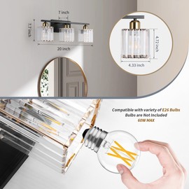 She's home 20Inch Black Gold Vanity Light for Bathroom 3 Lights, Bathroom Wall Light Fixture Over Mirror with Crystal Shade