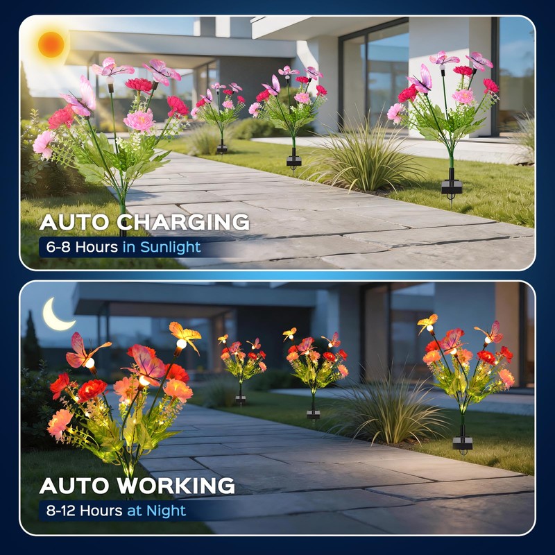 4 Pack Solar Garden Lights Outdoor, 8 Lighting Modes Warm