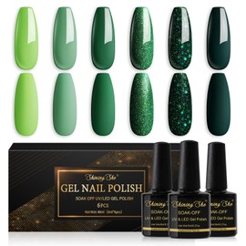 Shining She Green Semi-Permanent Nail Polish,6 Colors Green Glitter Light Green Dark Green Semi-Permanent Soak-Off UV Nail Polish for Novice Nail Art DIY,8ml