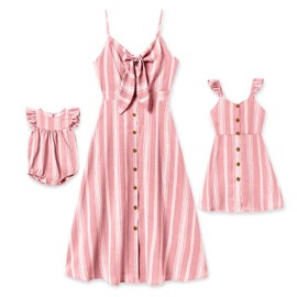 IFFEI Family Matching Outfits Mommy and Me Dresses Tshirt Set Strap Stripe Print Summer Casual Dresses Pink Women S