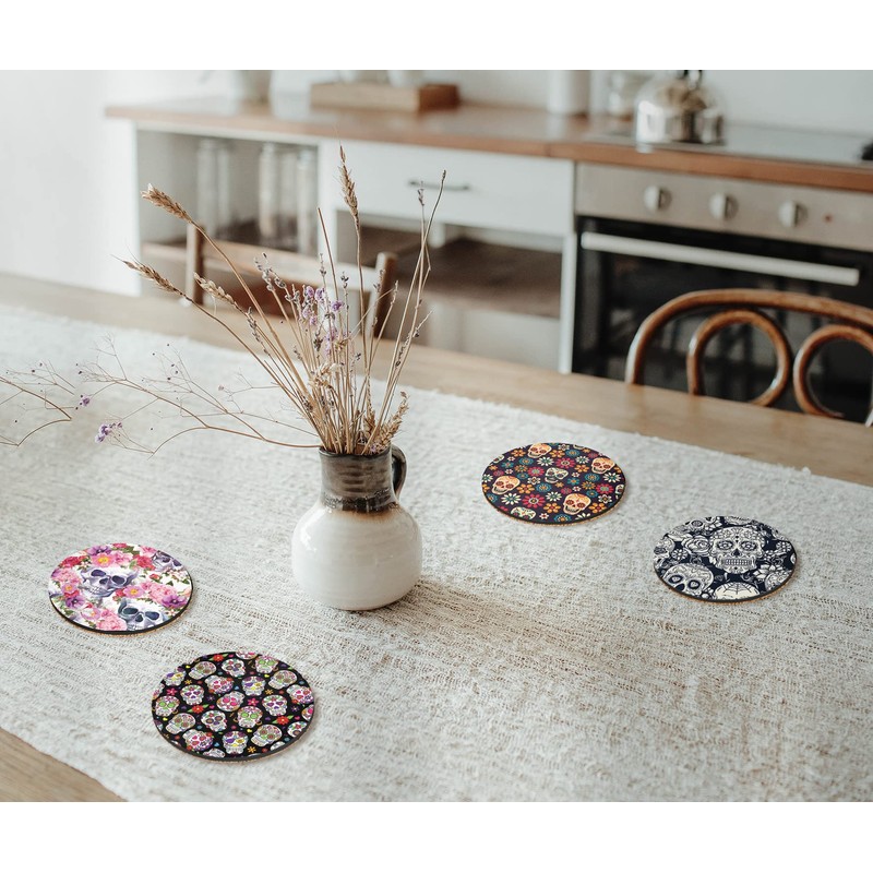 4 x Round Sugar Skull Coasters - Mexican Pattern Day
