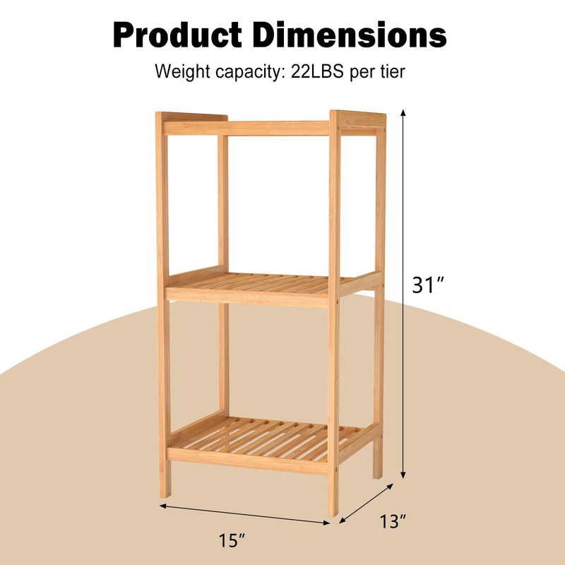 kinbor 3-Tier Bamboo Shelf Freestanding - Space-Saving Bathroom Standing Shelf