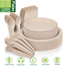 250 Piece Compostable Paper Plates Set with Extra Long Utensils, Sugarcane Fibers Disposable Dinnerware Set, Eco Friendly Biodegradable Plates, Spoons, Forks and Knives for Party, Camping, Picnic