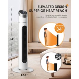 Electric Heaters for Indoor Use, 34" Tower Space Heater Large Room with Remote, 1500W, Thermostat, 12H Timer, 70° Oscillating, Overheat & Tip-Over Protection, V2-20251502WN2