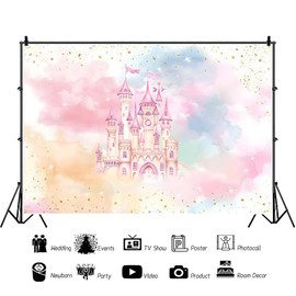 Canessioa Princess Castle Backdrop Colorful Clouds Pastel Castle Fantasy Fairy Tale Wonderland Background Watercolor Magical Fairytale Girl Birthday Party Background Studio Props 7x5ft