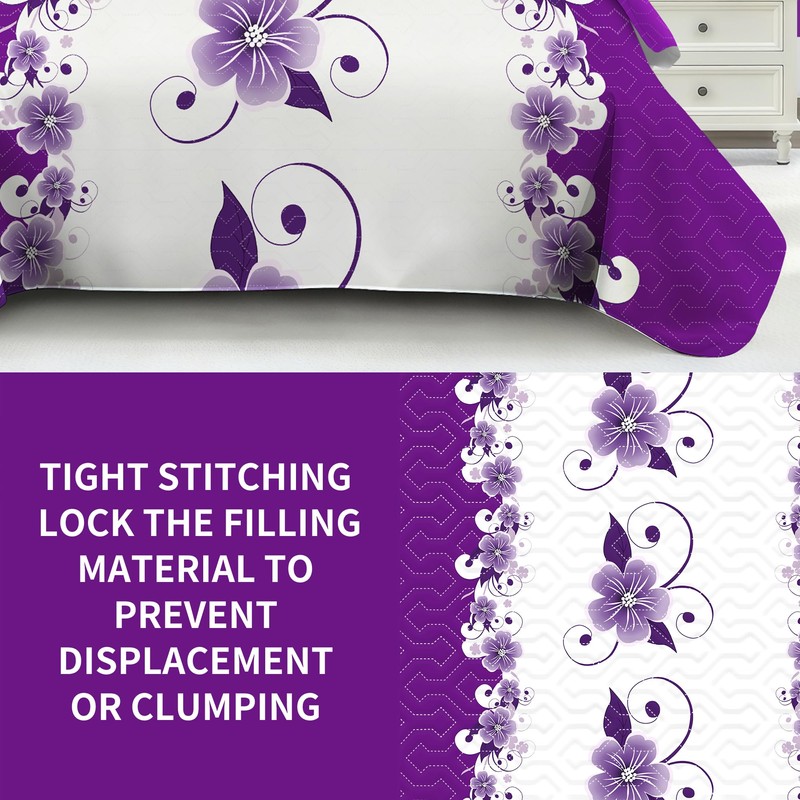 King Size Bedspread Set 9 Pieces, Purple Gardenia Flower