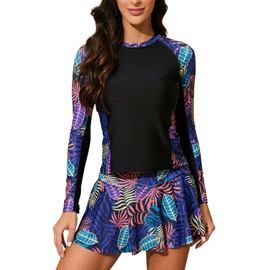 SHEKINI Women's Two-Piece Rash Guard Set Swimsuits with Long Sleeve Tank Top & Ruffle Swimming Skirt, Coloured leaf pattern, L