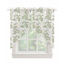 Sage Green Leaves Swag Curtains 45 Inch Length 2 Panels Set, Semi-Sheer Curtain Drapes Rod Pocket Valance For Kitchen,Bedroom,Bathroom,Cafe Window Wildflower Herbs Floral Spring Summer 72"Wx45"L
