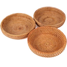 DOPENSPI 3Pcs Small Round Keys Basket Bowl for Entryway, 7” Woven Baskets Tabletop Wicker Catchall Rattan Round Tray Decorative Natural Basket Organizing Fruit Bread Basket for Keys Wallet Cell Phone