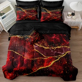 Gold Comforter Set 8 Pcs Red Bedding Set Full Size Bed in A Bag Red and Black Marble Stone Texture Abstract Room Decor