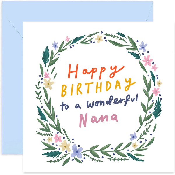 Old English Co. Floral Wreath Happy Birthday Wonderful Nana Card - Birthday Wishes for Her Greeting Card | For 60th, 70th, 80th, 90th | Blank Inside & Envelope Included