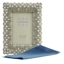 Sixtrees Diana 2-513-23 Antique Vintage and Shabby Chic Style silver metal 3.5 x 2.5 inch photo frame with beads and crystals. (64 x 89mm) picture. Complete with Microfibre cleaning cloth.