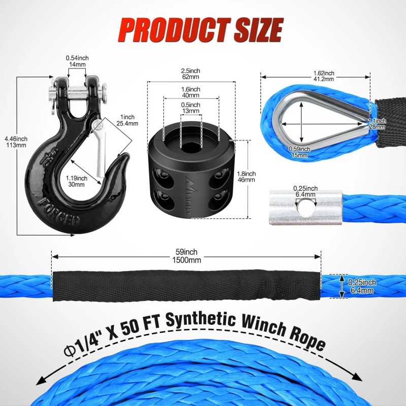 Nilight 1/4 Inch x 50 Feet Winch Rope Synthetic Winch