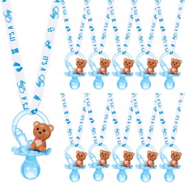 Coume 36 Pcs Baby Shower Pacifiers Necklace Bear Bottle Acrylic Baby Pacifiers Charm Necklace for Guests Gender Reveal Party Favors Prize Table Scatter(Boy,White, Blue)