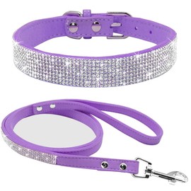TELEYI Rhinestone Bling Leather Dog Cat Collar & Leash Set Crystal Diamonds Studded Cute Bowknot Puppy Small Dogs Collar Puppy Leash