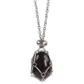 weryerker Gemstone Crystal Holder Pendant Necklace Handmade Adjustable Length Suitable for both men and women（Polished Obsidian）