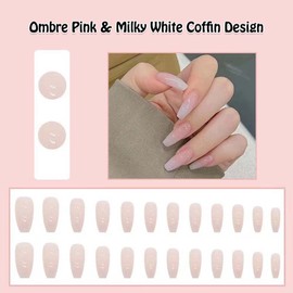 ANDGING Ombre Press on Coffin Fake Nails for Women with Milky White Pink Design - fake on Acrylic False Square Full Cover Gel Stick on Nails for Wedding Birthday 24Pcs