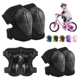 Children's Knee Pads, Protectors for Children, Adjustable with Wrist Pads and Elbow Pads, 6 in 1 for Skateboard, Inline Skates, Hoverboard, Bicycle (Black)