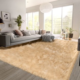 SERISSA Beige Faux Fur Rug 8x10 Feet, Fluffy Shaggy Area Rug Large Faux Sheepskin Fur Rugs Fuzzy Rug, Furry Throw Rug for Living Room, Bedroom, Nursery Room Decor (Rectangle, Beige)