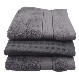 CASASOFTÉ Hand Towel/Washcloths/Kitchen Dish Towels Pack of 3 (2 Mini Terry Towel + 1 Mini Waffle Towel) 100% Natural Cotton,12x12 Inch (Dark Grey)