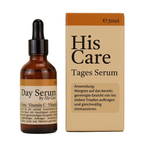 Serum with Vitamin C - Face Care with Aloe Vera, Vitamin E, Jojoba Oil | Care for Men Against Wrinkles, Pigment Spots | Brown Glass Recyclable - PETA Verified - 100% Vegan His Care Day Serum 50 ml