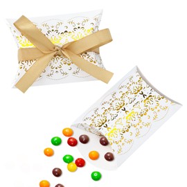 G2PLUS 50PCS Wedding Favour Candy Boxes - Small Pillow Gift Box with Ribbon - Gold Pillow Candy Boxes for Wedding Party Birthday Decoration