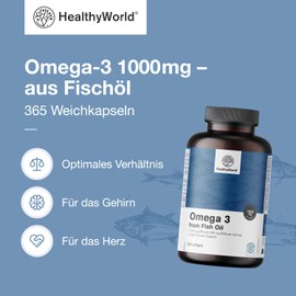 HealthyWorld® Omega-3 aus Fischöl – 1000 mg pro Kapsel – XXL-Vorrat – 365 leicht schluckbare Weichkapseln – 18 % EPA, 12 % DHA – Zur Unterstützung von Herz und Gehirn – Hochkonzentriert