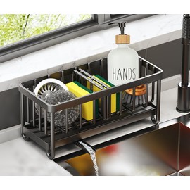 SDFNBRA Kitchen Sink Caddy Stainless Steel Sponge Holder for Kitchen Organiser Sink Tidy with Removable Drip Tray and Removable Partitions, Black