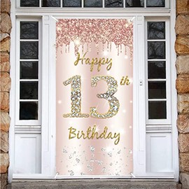 13th Birthday Decoration for Girls, Happy 13th Birthday Backdrop Banner Rosegold Fabric Sign Poster, Girl 13th Birthday Door Banner Party Welcome Sign