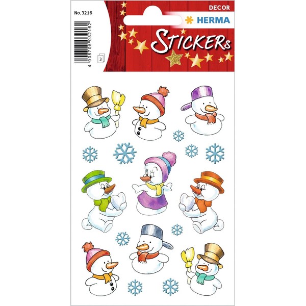 HERMA 3216 Weihnachtssticker, Schneemänner (27 Aufkleber, Papier, matt) selbstklebende Weihnachtsdeko, permanent haftende Etiketten für Weihnachten, Geschenke, Basteln, Adventskalender, bunt
