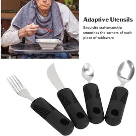 4Pcs Adaptive Utensils, Parkinsons Utensils, Weighted Silverware Rubber Nonslip Handle Stainless Steel Spoon Fork Knife Built Up Utensils for Arthritis Elderly