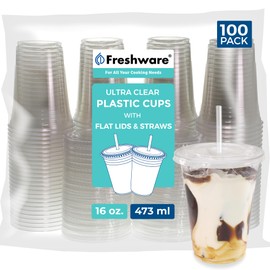 Freshware Clear Plastic Cups with Flat Lids and Straws [100 Cups - 16 oz] Disposable Cups for Iced Coffee, Smoothie, Milkshake, Cold Drinks