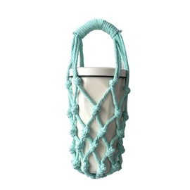 Handwoven Drink Carrier with Handle, Eco Friendly Reusable Single Cup Holder Netting Bag for Travel Coffee Cup Hanging Carry, Cruise Drink Caddy & Decorate Your Cup (Aqua Blue)