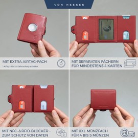 VON HEESEN Airtag Slim Wallet with RFID Protection - Airtag Men's Small Genuine Leather Wallet - Mini Wallet - Credit Card Holder - Wallet Purse (Blue), red, XXL coin compartment and airtag