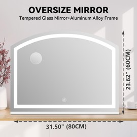 Hasipu Arch Vanity Mirror with Light, 32" x 24" Arched Led Makeup Mirror with 10X Magnification, Tabletop Desk Mirror, Dimmable 3 Colors Mode