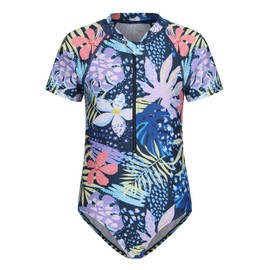 Qterdiz Big Girls One Piece Swimsuits Rash Guard for Girl Short Sleeve Bathing Suits with Front Zipper Sun Protection Swimwear Navy Blue Floral Size 14/12-14 Years