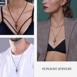 Suplight Ankh Cross Pendant Necklace for Men and Women, 18 K Gold Plated/Stainless Steel/Black Horus Eye/Anubis Anubis Anulet Chain Fashion Jewellery Accessory with Gift Box, Stainless Steel, Egypt