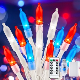Red White Blue String Lights Plug in - 100 LED 33 Feet 4th of July Decoration Patriotic Mini Lights with Remote, Waterproof for Indoor Outdoor Bedroom Wedding Party Holiday Independence Day