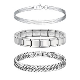 XSDSLS Mens Bracelets 3 Pcs Stainless Steel Silver Cuban Bracelet Italian Charm Bracelets Cuban Mens Bracelets Cuban link Bracelet Men Herringbone Bracelets for Men7.4/8.2/9 inch (3psc 19cm/7.4inch)