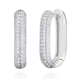 STARepublic 925 Sterling Silver 30mm Rectangle Shape Icon Pave Zircon Huggie Hoop Earrings (30mm, Silver) (20mm, Silver)