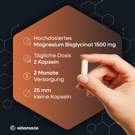 Vitamaze - amazing life Magnesium Bisglycinat Kapseln hochdosiert, 1500 mg in nur 2 Kapseln davon 300 mg elementares Magnesium pro Tagesdosis, 120 vegane Kapseln für 2 Monate, ohne Zusatzstoffe, Made in Germany