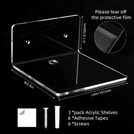 Ludery 3 Pack Small Floating Shelves for Wall, 4'' Acrylic Mini Wall Shelf for Bedroom, Bathroom, Living Room, Office (2 Types of Installation)