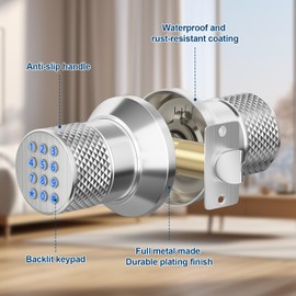 FITNATE Keypad Door Knob, Keyless Smart Lock with Back-Lit Keypad, Electronic Door Lock with Spare Keys, Easy to Install, for Home, Bedroom, Hotel and Office, Silver